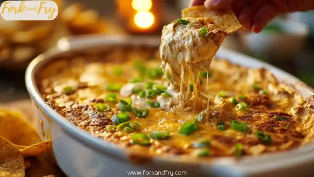 buffalo chicken dip with golden cheese topping and tortilla chip scoop in white dish