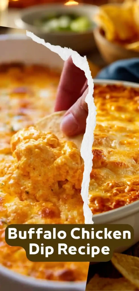 Buffalo Chicken Dip Recipe with Tortilla Chip Scoop buffalo chicken dip being scooped with a tortilla chip, side-by-side baked view