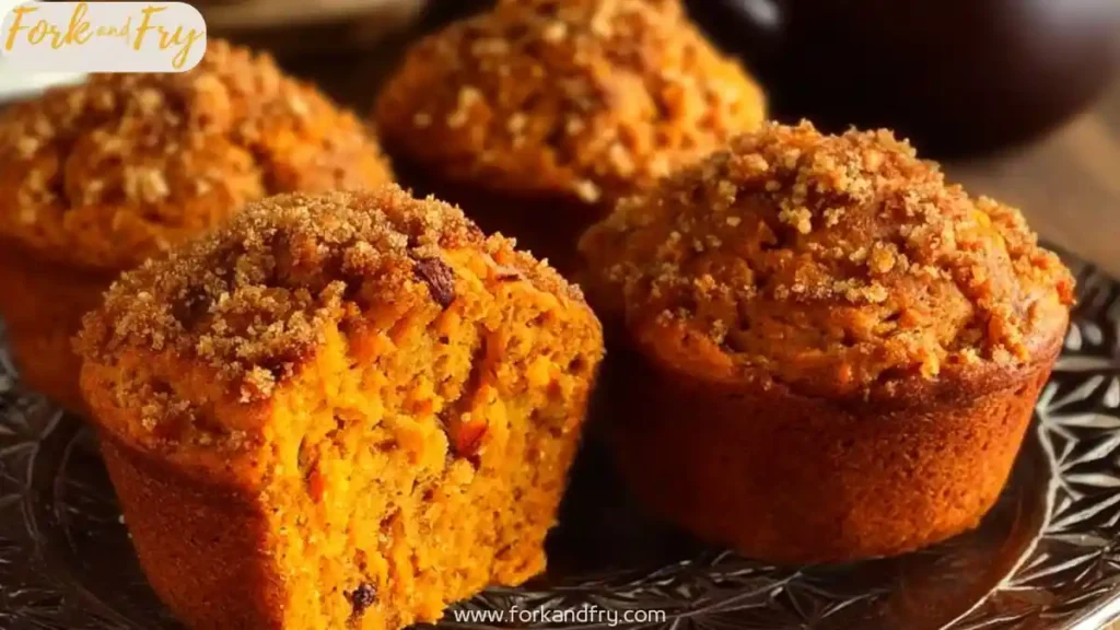 Freshly baked carrot cinnamon muffins with crumb topping on a dark plate