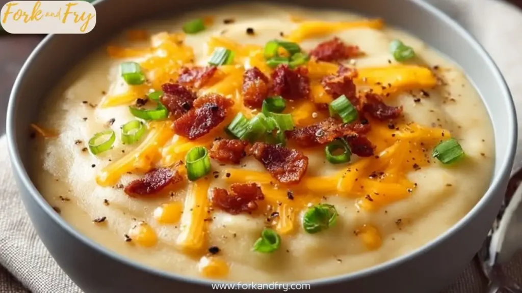 bowl of creamy cheesy potato soup topped with crispy bacon, cheddar and green onions