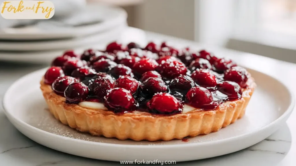 Glazed cherry tart with golden crust and creamy filling on white plate near window