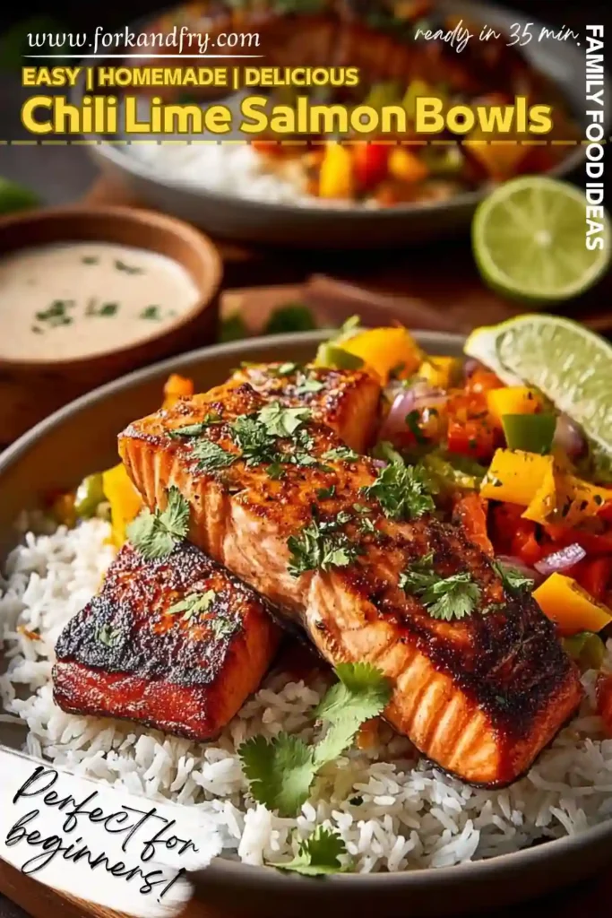 Chili Lime Salmon Bowls with Rice and Grilled Veggies Charred chili lime salmon fillets on jasmine rice with grilled peppers, onions, and fresh cilantro