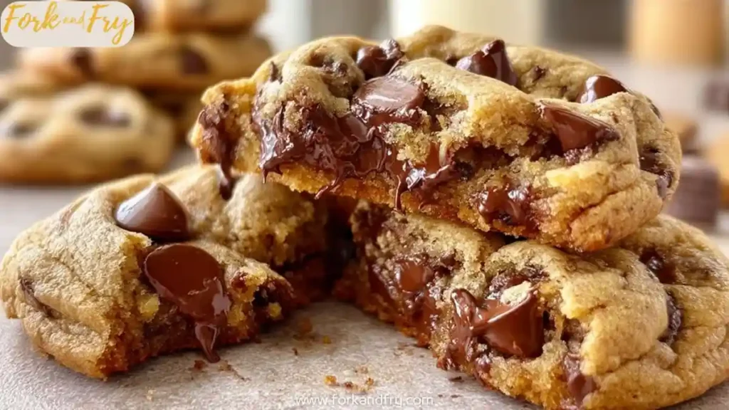 gooey chocolate chip cookies with melted chocolate chunks stacked on a parchment surface