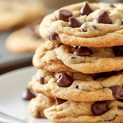 stack of freshly baked chocolate chip cookies on white plate with blurred cookie tray in background