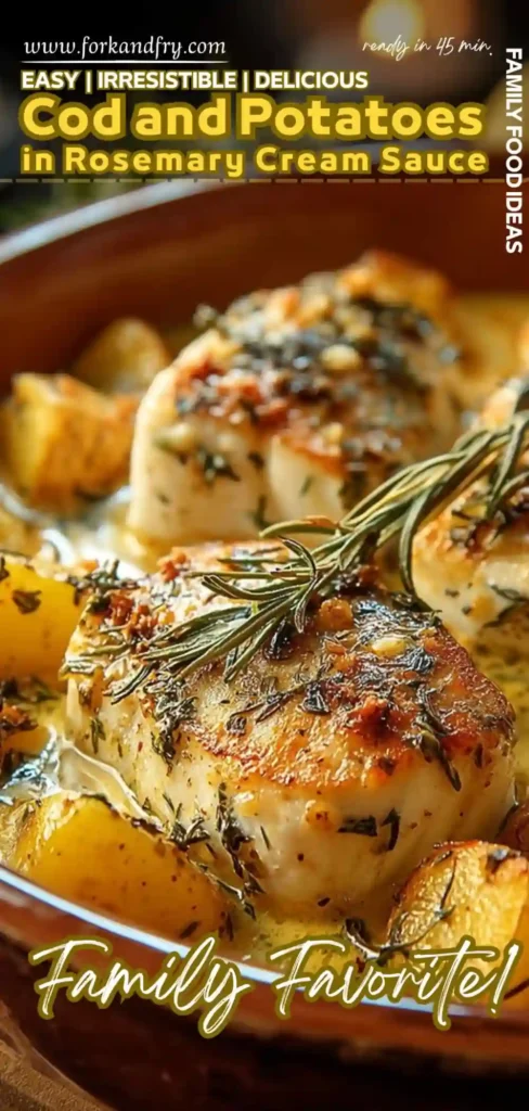 baked cod with rosemary and golden potatoes in creamy sauce in ceramic dish