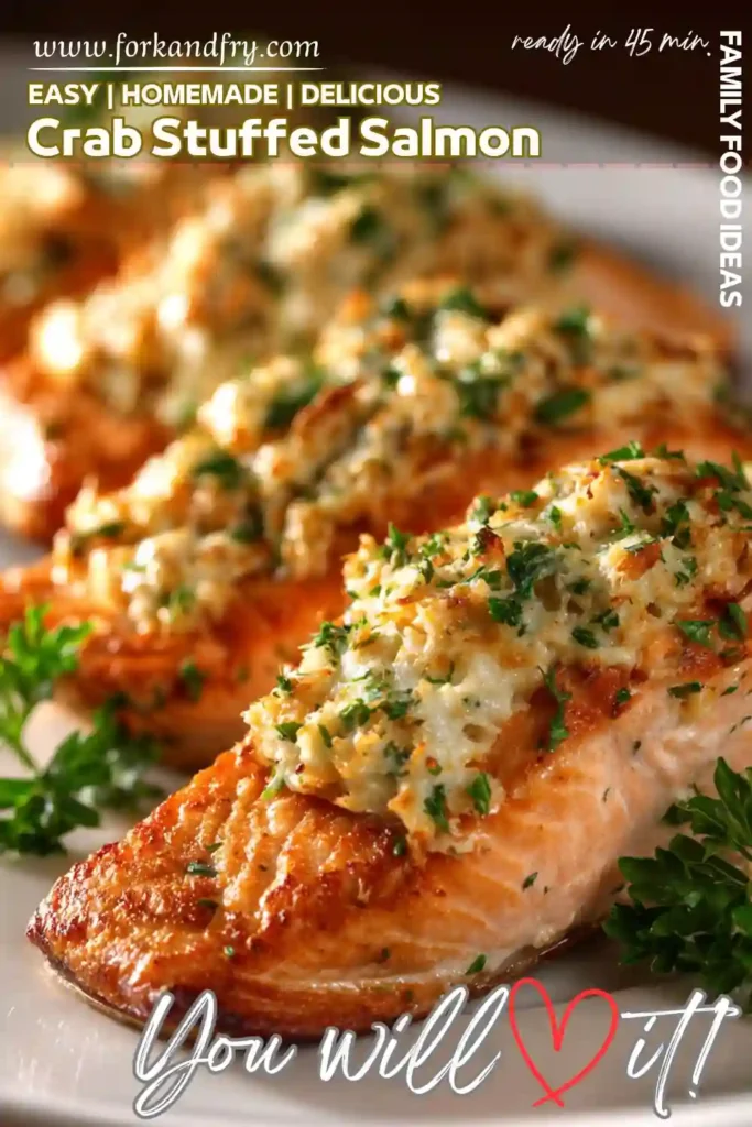 baked crab stuffed salmon fillet topped with herbs on white plate