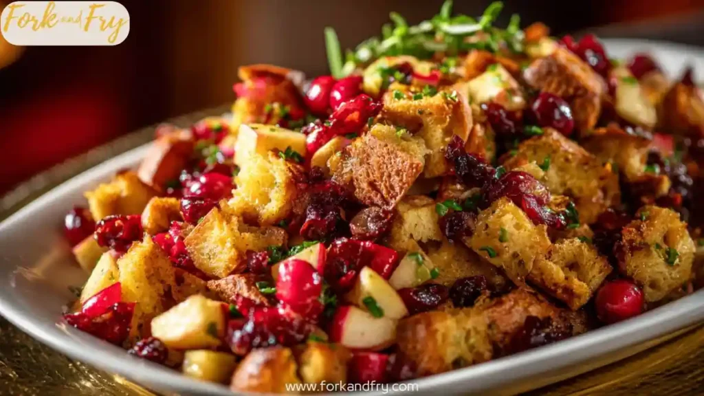 cranberry apple stuffing with golden bread cubes on a white platter