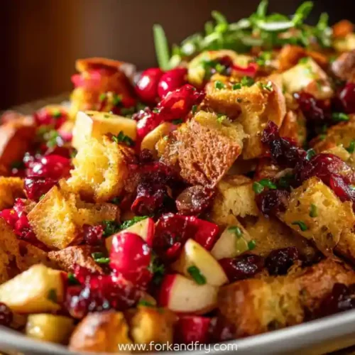 cranberry apple stuffing with golden bread cubes on a white platter