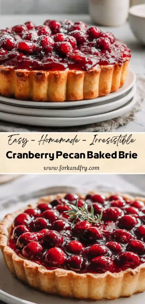 Vertical collage of cranberry pecan baked brie tart with golden pastry and glazed berries