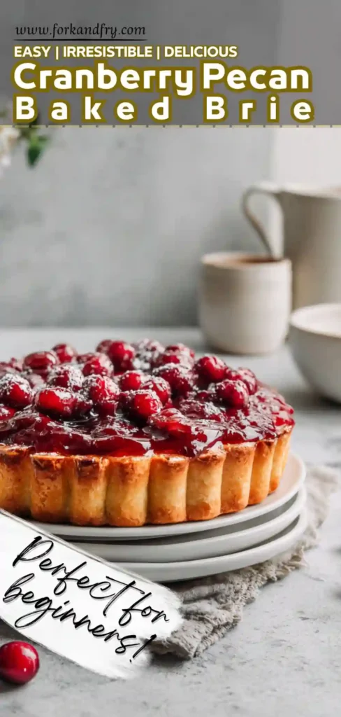Cranberry pecan baked brie tart with glossy topping and golden crust on stacked plates
