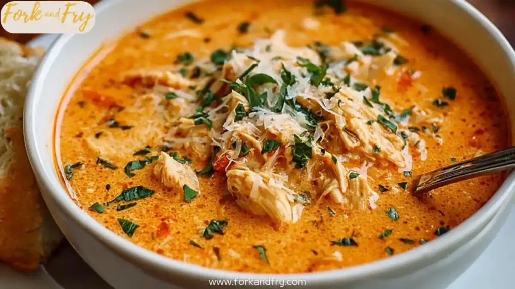 bowl of creamy chicken parmesan soup topped with shredded cheese and parsley, served with bread