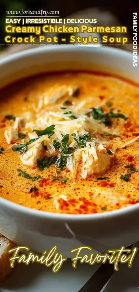 Crock Pot Creamy Chicken Parmesan Soup Recipe creamy chicken parmesan soup in a white bowl topped with shredded cheese and parsley, Pinterest-style pin