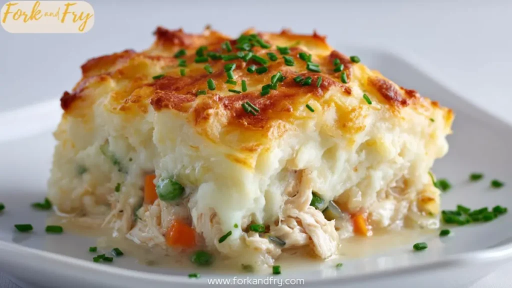 golden-topped creamy chicken shepherd’s pie with peas, carrots, and chives on white plate