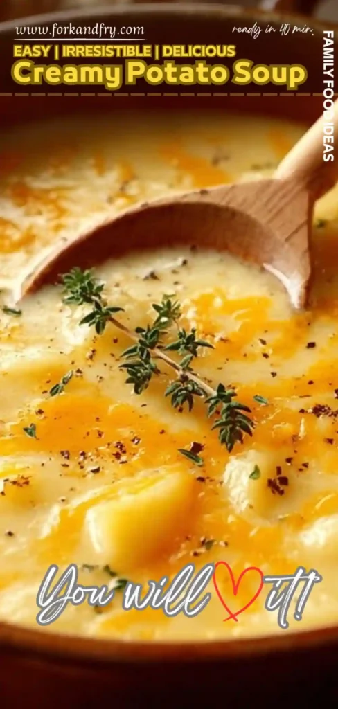 Easy Creamy Potato Soup with Cheddar and Herbs close view of creamy potato soup with herbs and melted cheddar in a wooden spoon