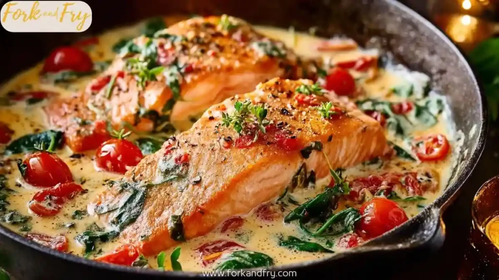 Pan-seared salmon fillets in creamy Tuscan garlic sauce with cherry tomatoes and spinach in a cast iron skillet
