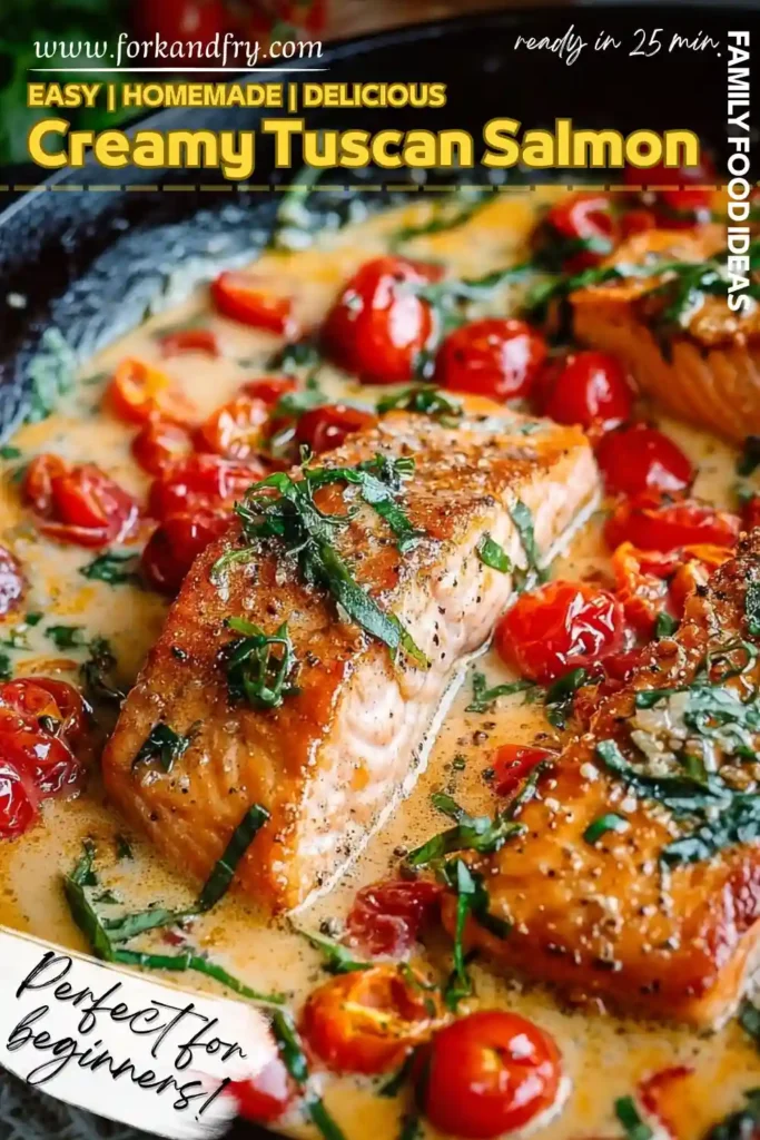 Creamy Tuscan Salmon Skillet with Cherry Tomatoes and Garlic Sauce Seared salmon fillets in creamy garlic sauce with cherry tomatoes and herbs in a skillet