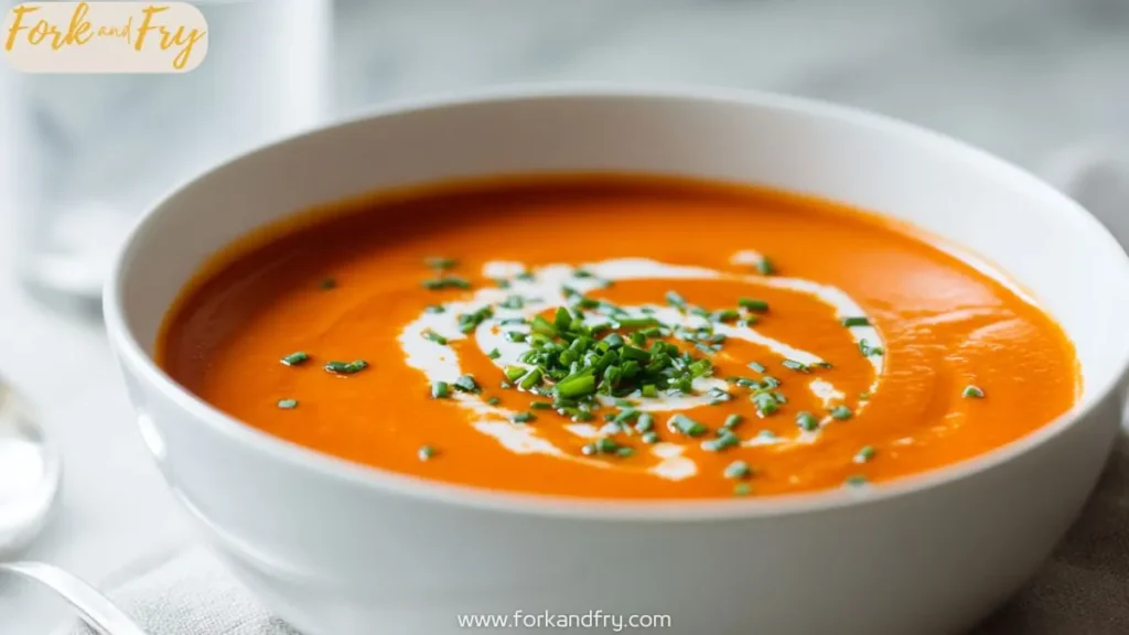 Creamy vegetable soup in a white bowl topped with fresh chopped chives and swirl of cream
