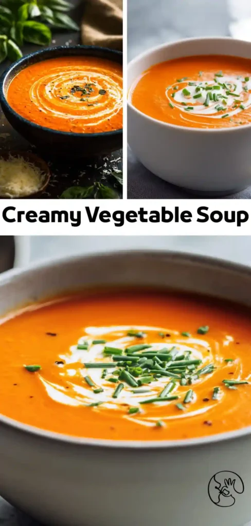Creamy Vegetable Soup – Pinterest-Ready Visual Guide Three bowls of creamy vegetable soup garnished with cream swirls and fresh herbs in a vertical collage