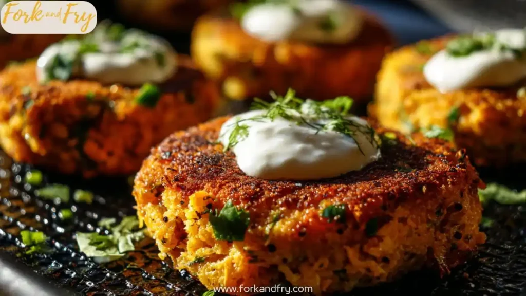 crispy salmon cakes topped with sour cream and herbs on a dark skillet