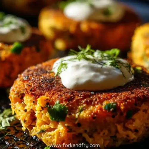 crispy salmon cakes topped with sour cream and herbs on a dark skillet