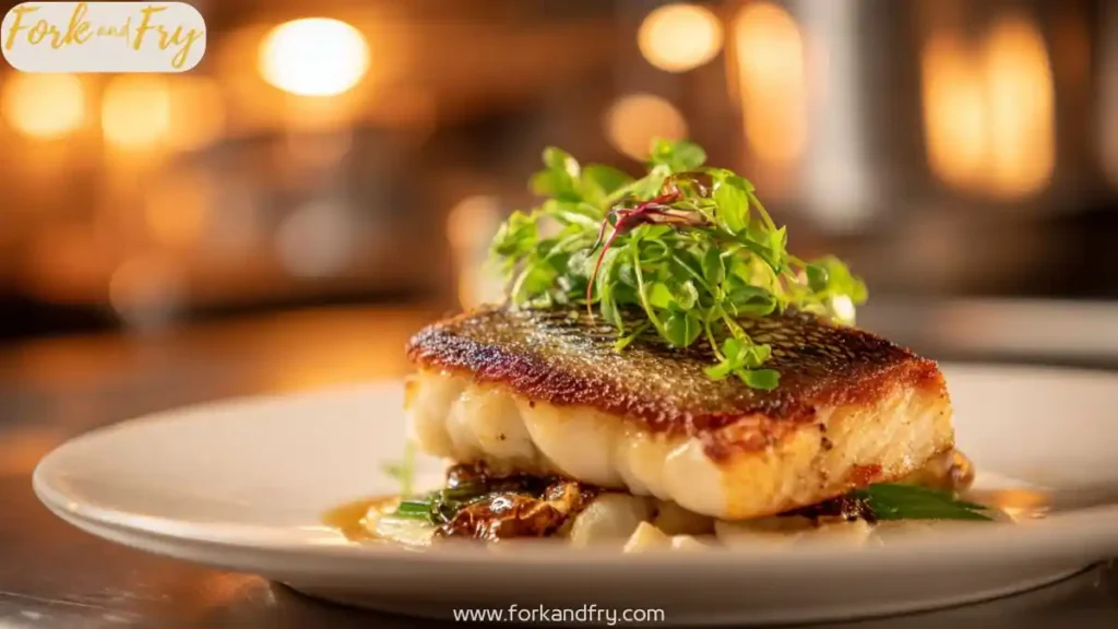 Seared sea bass fillet with crispy skin, plated on creamy vegetables and topped with microgreens