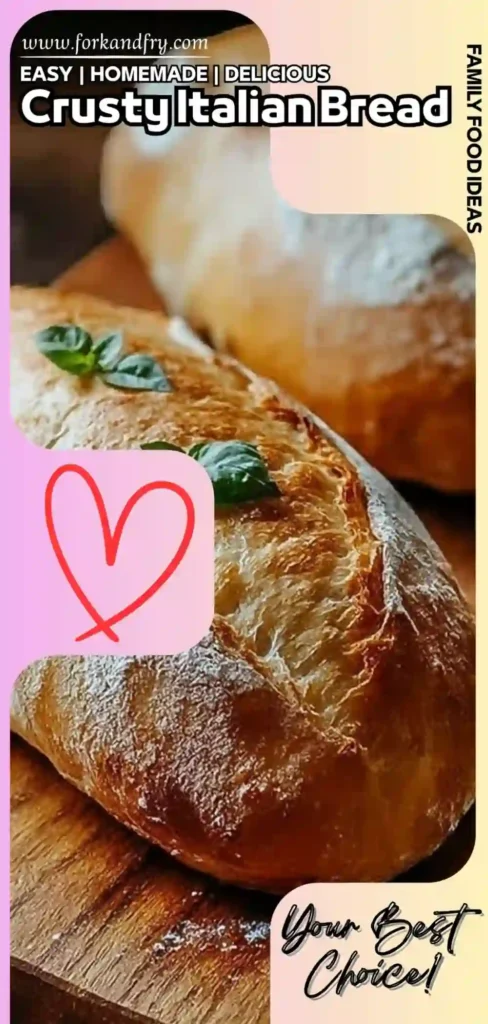 Crusty golden Italian bread with fresh basil on wooden board