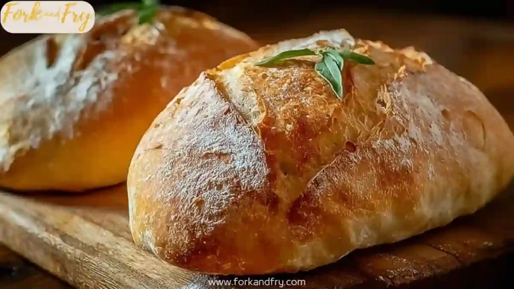 Crusty golden Italian bread loaf with fresh basil on wooden board