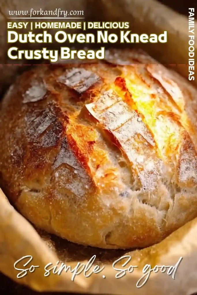 dutch oven no knead bread with golden crust in parchment-lined pan