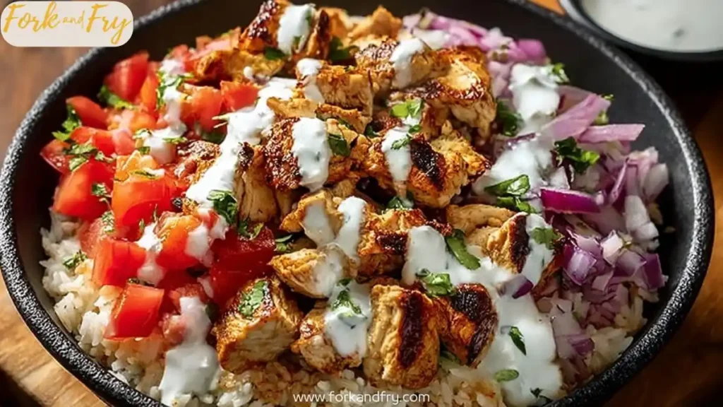grilled chicken bowl with tomatoes, red onions, and white sauce on jasmine rice