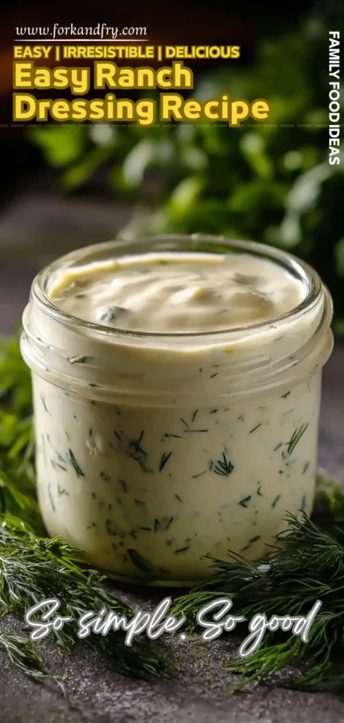 Easy Homemade Ranch Dressing Recipe with Dill jar of creamy ranch dressing with dill and parsley, labeled easy ranch recipe