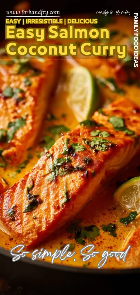 Easy Salmon Coconut Curry Recipe salmon fillets in coconut curry sauce with cilantro and lime in a Pinterest recipe design