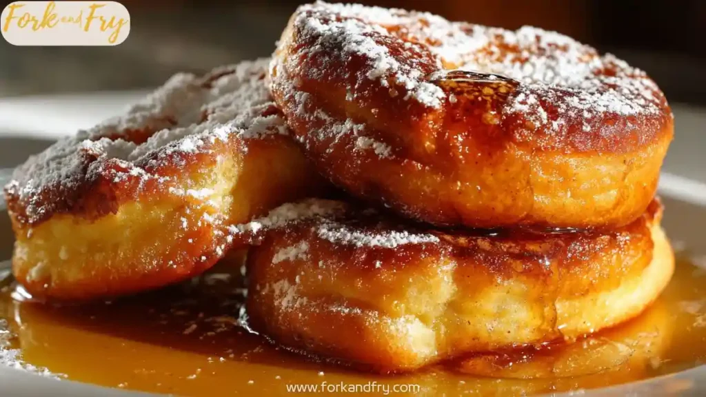Golden brown French toast rings stacked with powdered sugar and maple syrup on a white plate
