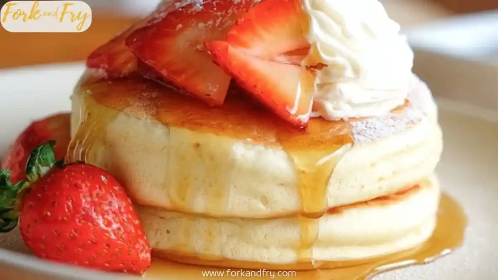 Stack of fluffy pancakes topped with sliced strawberries, whipped cream, and maple syrup drizzle