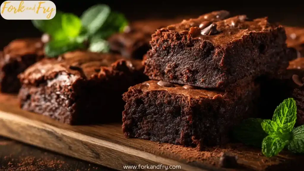close up of fudgy chocolate brownies stacked on wooden board with mint leaves