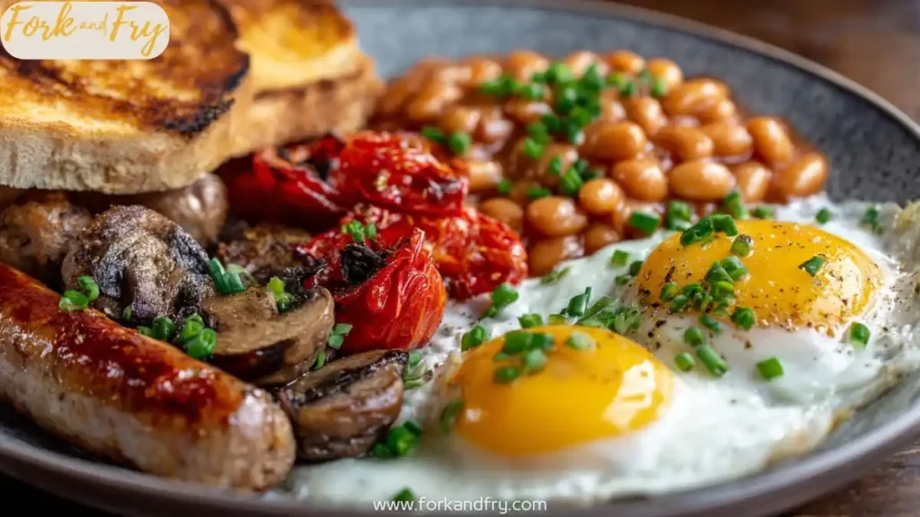 full english breakfast plate with eggs sausage toast beans mushrooms and tomatoes