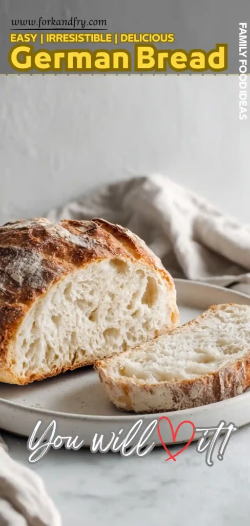 sliced German bread with crusty golden exterior and airy interior on ceramic plate