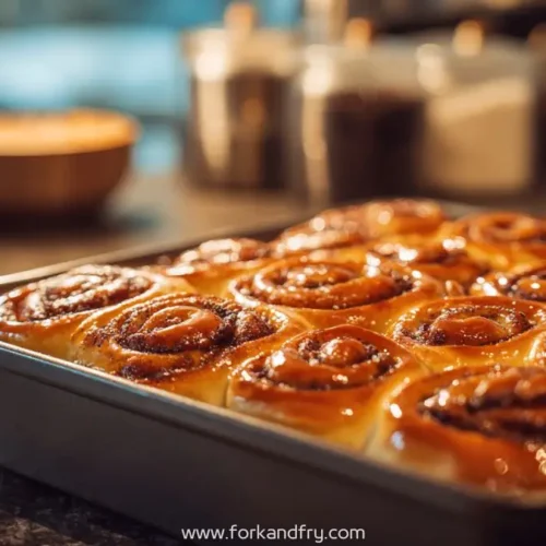 golden-brown cinnamon rolls fresh from oven in a baking pan with shiny glaze