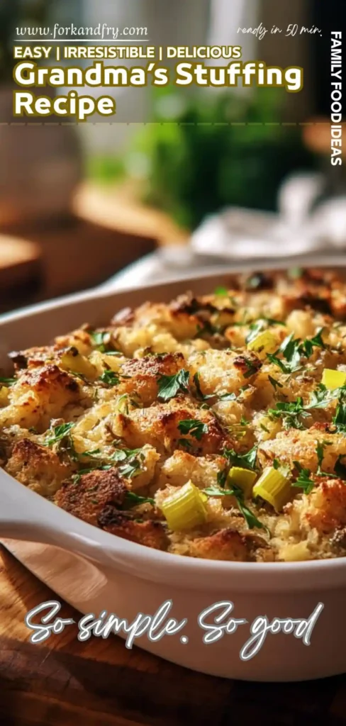 classic stuffing casserole with crispy bread cubes, celery, and parsley in a Pinterest pin
