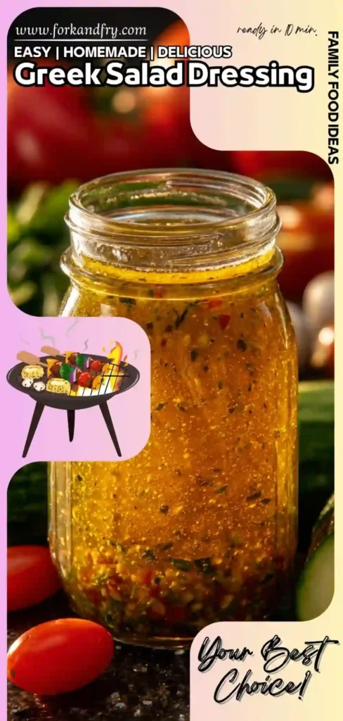 vertical pin of Greek salad dressing jar with fresh tomatoes and cucumbers in background