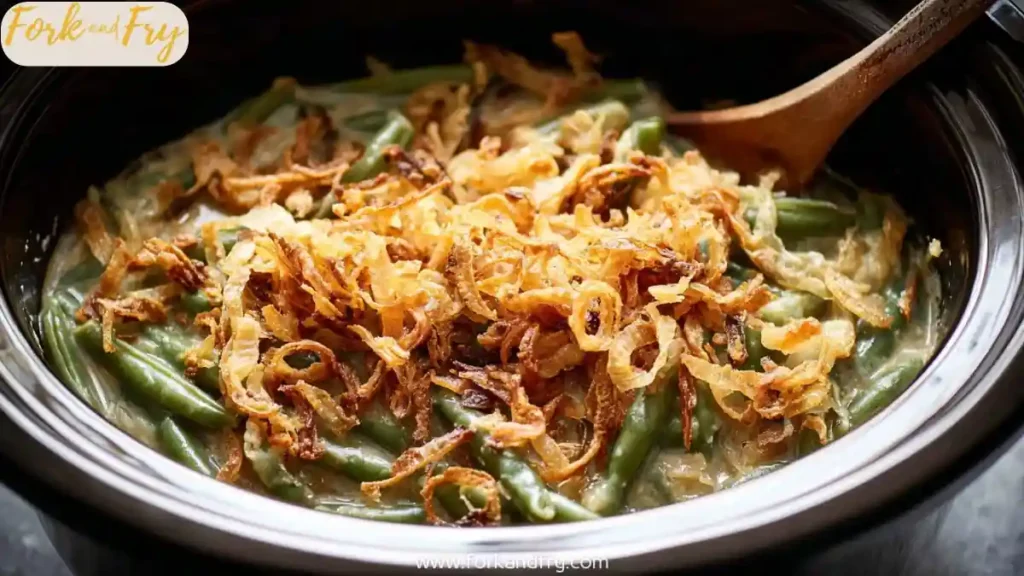 Green bean casserole topped with crispy fried onions in a slow cooker with a wooden spoon