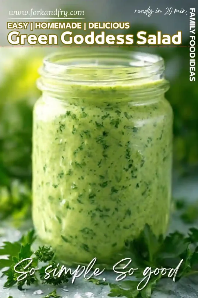 Fresh Green Goddess Salad Dressing with Herbs jar of green goddess salad dressing with herbs on a cold surface