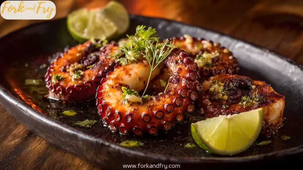 grilled octopus tentacles with herbs and lime wedges on black plate