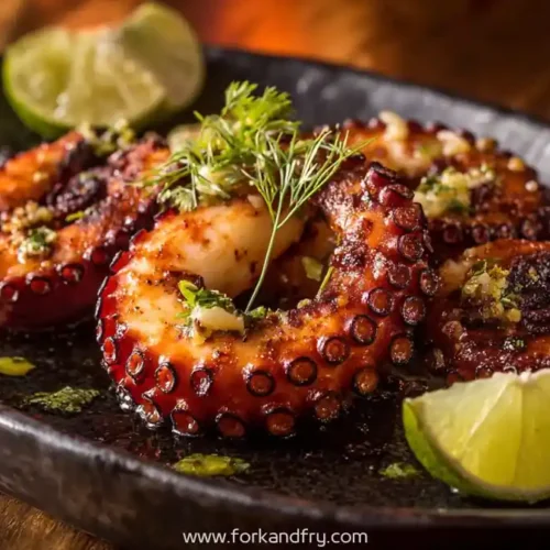 grilled octopus tentacles with herbs and lime wedges on black plate
