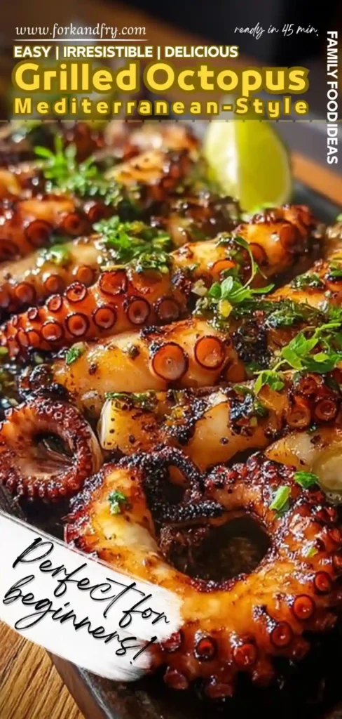 close-up of grilled Mediterranean octopus with herbs and lime on platter