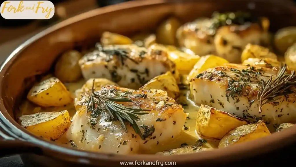 baked cod fillets with rosemary and roasted potatoes in brown casserole dish