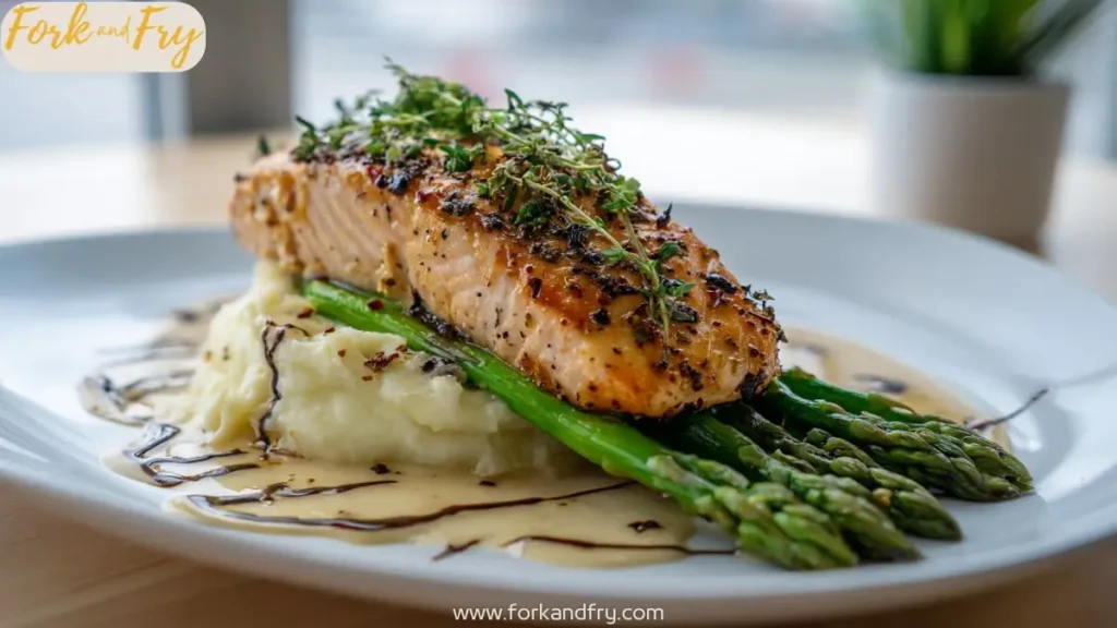 seared salmon filet on mashed potatoes and asparagus with creamy herb sauce