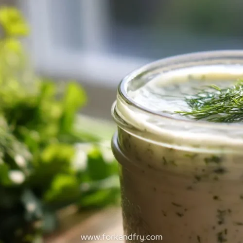 creamy dill ranch sauce in a mason jar topped with fresh dill, next to a bundle of herbs