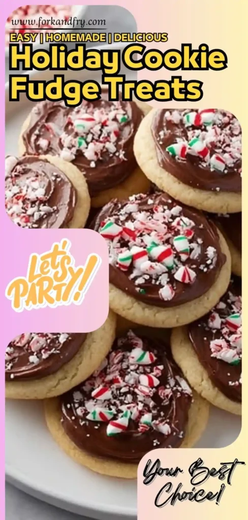 Holiday Cookie Fudge Treats with Peppermint Crunch frosted holiday sugar cookies topped with crushed candy canes on a white plate, festive vertical design