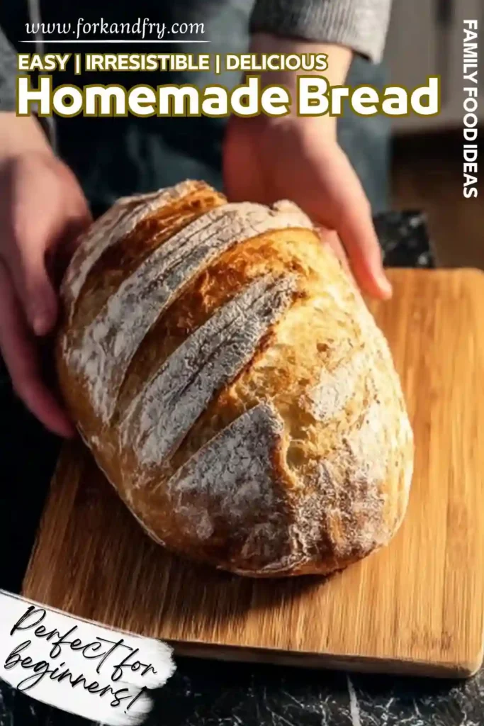 Golden crusted homemade bread loaf on cutting board held by hands with baking text overlay