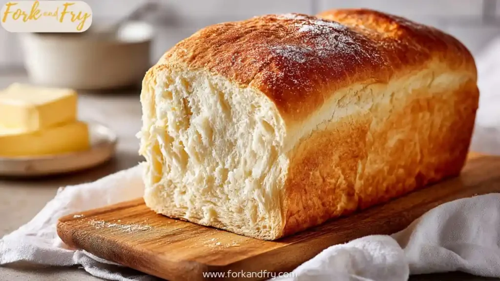 golden loaf of homemade white bread on wooden board with butter in background
